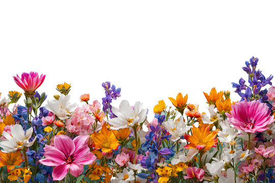 Summer floral border isolated on transparent background, colorful seasonal flower arrangement PNG cutout