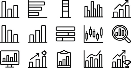 Obraz premium Set of fifteen thin line business chart and graph icons for financial data analysis and reporting design projects