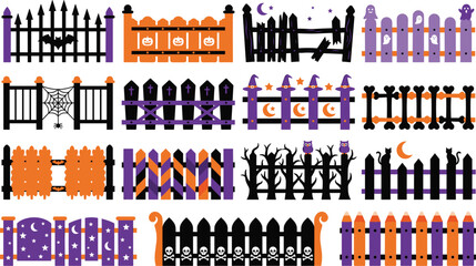 Obraz premium Set of halloween fences with different spooky elements like ghosts, pumpkins, skulls, bats, spider webs, cats, and witches hats