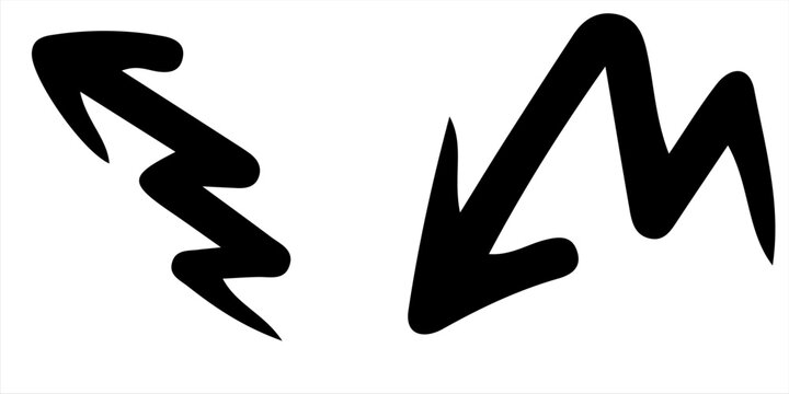 Abstract hand drawn black doodle arrow icon set with various dynamic wavy, curved, and zig-zag shapes. Minimalist versatile vector illustration design elements.
