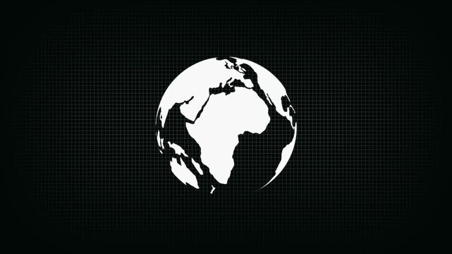 White silhouette of the planet earth globe centered on a dark black background with a subtle grid pattern overlay representing global connectivity