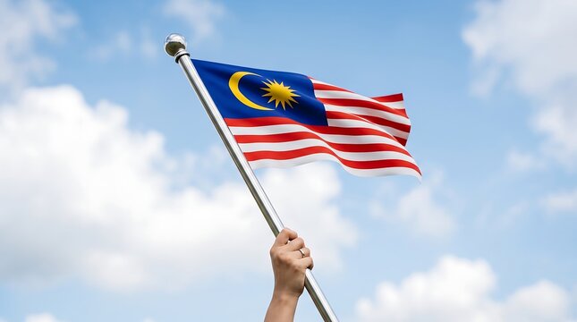 Malaysian national flag held by hand waving against bright blue sky with white clouds outdoors