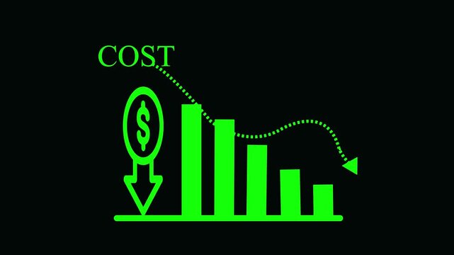 Bright green neon line showing a downward trend bar chart with a dollar coin symbol and a downward pointing arrow on a black background