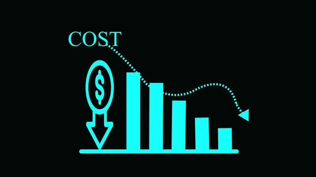 Cyan neon line showing a downward trend bar chart with a dollar coin symbol and a downward pointing arrow on a black background