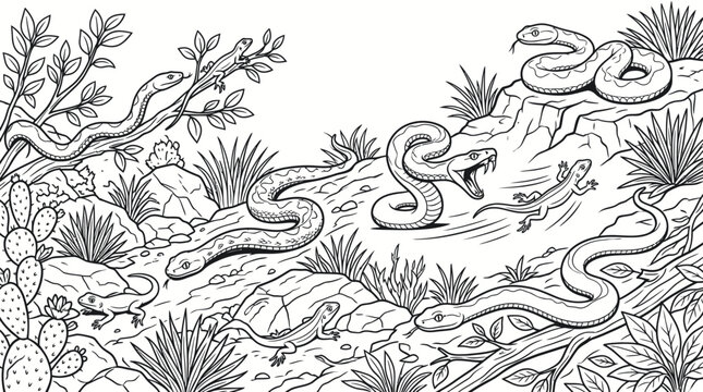 Rattlesnakes and desert lizards in rocky landscape.