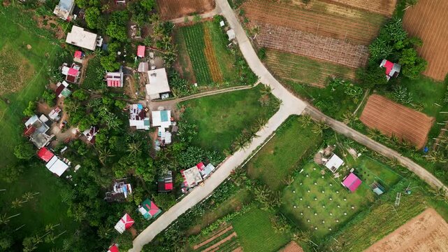 Aerial top-down view of a rural barangay in Catanduanes, Bicol with village homes, branching roads, cultivated farmlands, and lush greenery