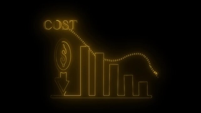 Golden yellow neon line showing a downward trend bar chart with a dollar coin symbol and a downward pointing arrow on a black background