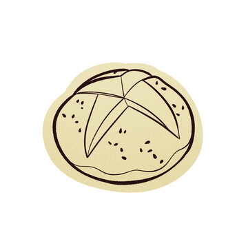 Freshly baked sourdough round bread loaf illustration in cute line art style for bakery design cafe menu or sticker design