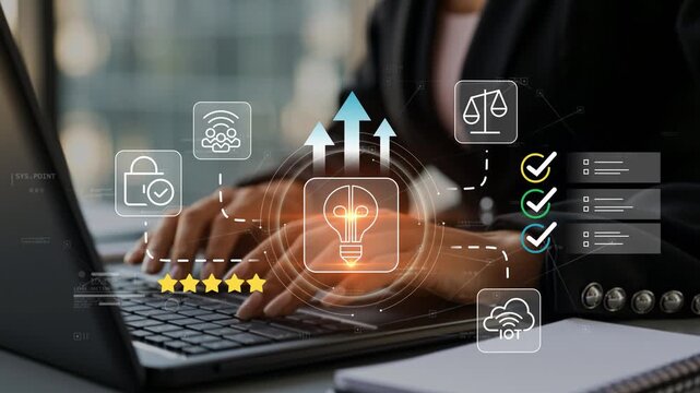 Businesswoman in modern office driving creative business transformation with animated light bulb icon, innovation management, growth opportunities and technology focused strategy