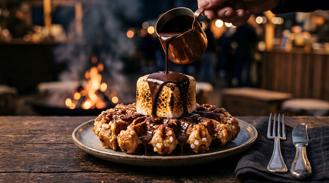 Rustic Liege Waffle Topped with Toasted Marshmallow and Molten Lava Dark Chocolate