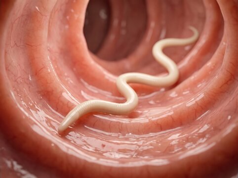 Parasitic Worm in Intestine: A 3D illustration depicts a white, Ascaris Lumbricoides wriggling inside the human intestine, highlighting the microscopic world of infection and disease.