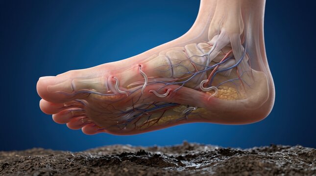 Ancylostoma spp: A highly detailed, semi-transparent view of a human foot Anatomy with Parasitic Worms