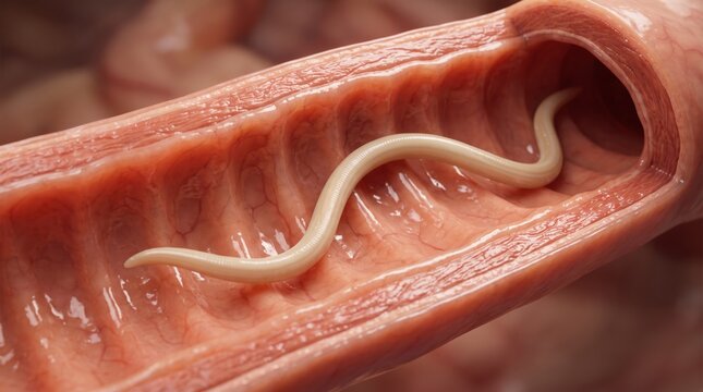 Intestinal Worm Parasite in Human Gut: A detailed microscopic view reveals a thin, white Ascaris Lumbricoides, likely a nematode, coiled within the smooth, pink lining of the human digestive tract.