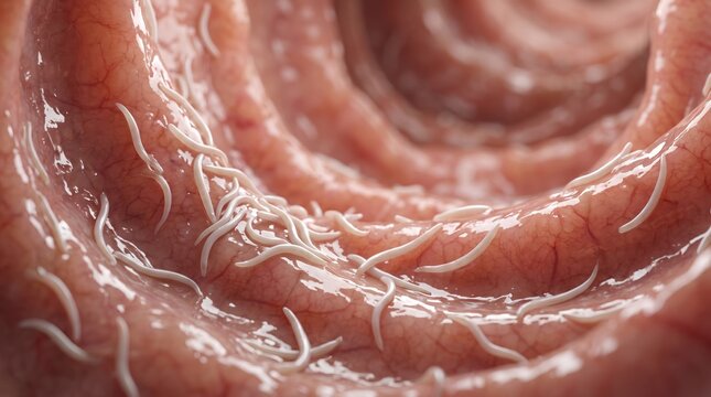 Intestinal Worm Infestation: Microscopic view of Enterobius Vermicularis teeming within the human intestine, illustrating a health concern.