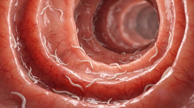 Intestinal Worm Infestation: A close-up, 3D rendered view of the human intestine interior, revealing a severe infestation of small, white Enterobius Vermicularis clinging to the intestinal wall.