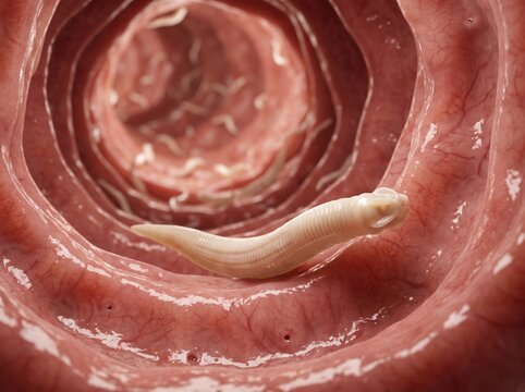 Parasitic Worm in Intestine: A microscopic view inside the human intestine reveals a long, white parasitic worm, emphasizing the hidden world of internal health and potential disease.