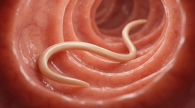 Parasitic Worm Ascaris Lumbrico: A microscopic view reveals a parasitic roundworm coiled within the internal lining of the human intestine, highlighting the microscopic world of infection and disease.