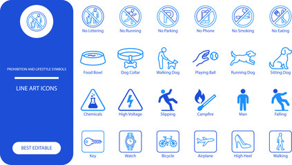 Fototapeta premium Prohibition and lifestyle symbols vector icon set. Bold glyph collection of no entry, dog, warning and activity signs for design