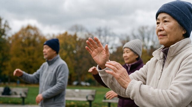 Group of seniors practicing tai chi in autumn park