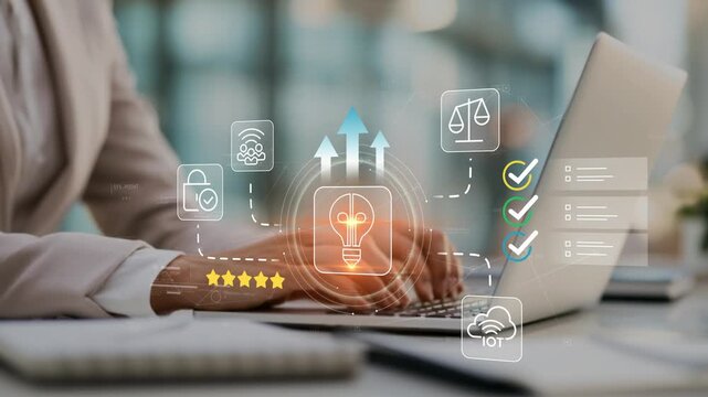 Businesswoman leading innovation strategy with animated light bulb icon, business growth, creative leadership, digital transformation and organizational development