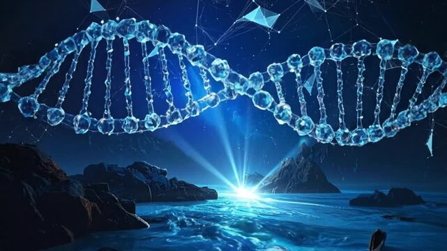 A glowing double helix structure floats above a dark landscape