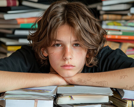 Student portrait book study education school teen classroom, tired young learner resting on notebook among stack of textbook