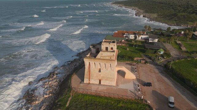 Drone Shot of Torre Mileto. Medieval Tower on Italian Coast of Adriatic Sea, Historic Landmark of Garganico, Italy