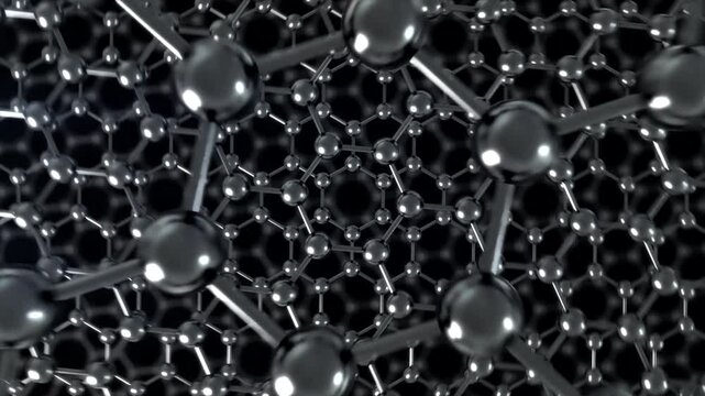 Graphene Advanced Material Tech Loop Pass through Dark Rotate. This zoom in nano technology looping 3D animation represents engineering at the molecular level. It can also be reversed to zoom out.