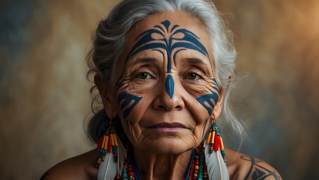 A portrait of an elderly woman with traditional tribal face paint
