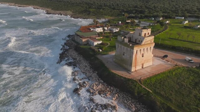 Drone Shot of Torre Mileto, Ancient Defense Tower on Coast of Adriatic Sea, Garganico, Italy