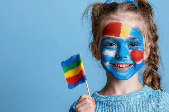 Child face paint flag smile blue background portrait colorful celebration national pride, young girl holding small flag with painted cheek