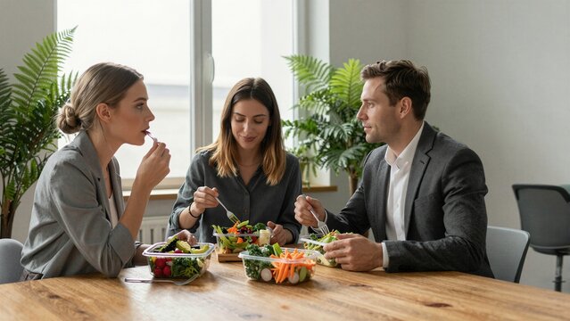 Three professionals enjoy a vibrant salad lunch in a modern, sunlit office space, promoting workplace wellness and healthy eating habits.