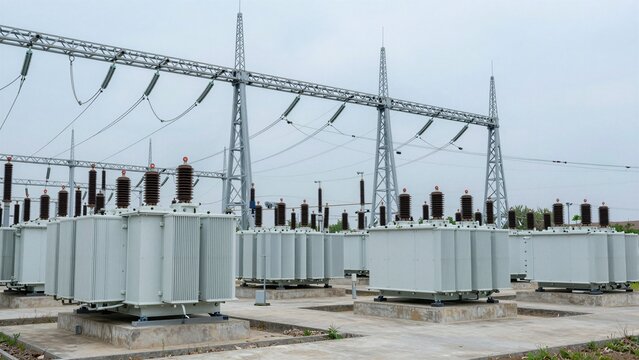 Large scale electrical substation featuring rows of white transformers and towering metal lattice structures supporting high-voltage lines against a cloudy sky.