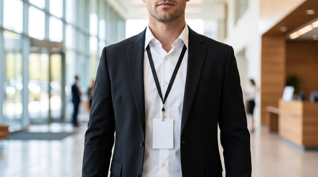 Businessman wearing identity badge lanyard in corporate office