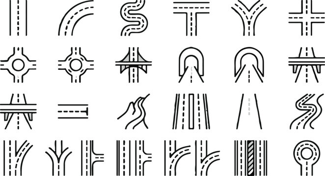 Set of black and white road and highway map icons showing various intersections and traffic patterns