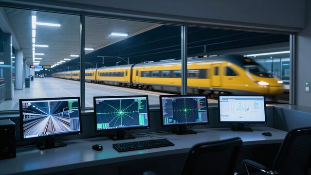 A modern control room overlooking a bustling train station platform. Multiple monitors display complex data and radar-like graphics, while a yellow high-speed train speeds past outside.