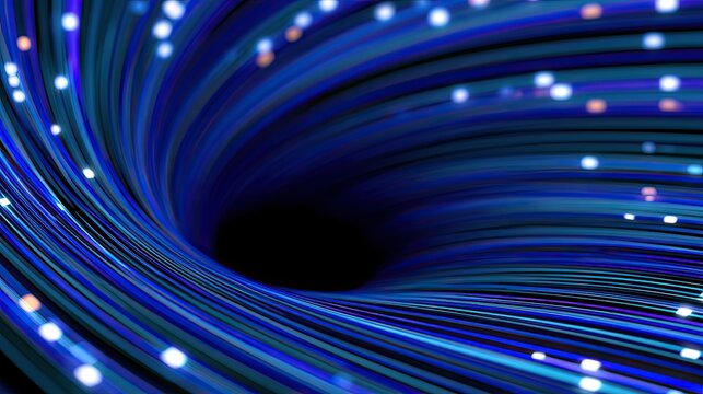 Abstract swirl of blue light streams and sparkling particles into a dark void
