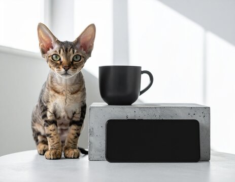 Devon Rex cat on a concrete coffee table next to a phone with a blank solid black screen