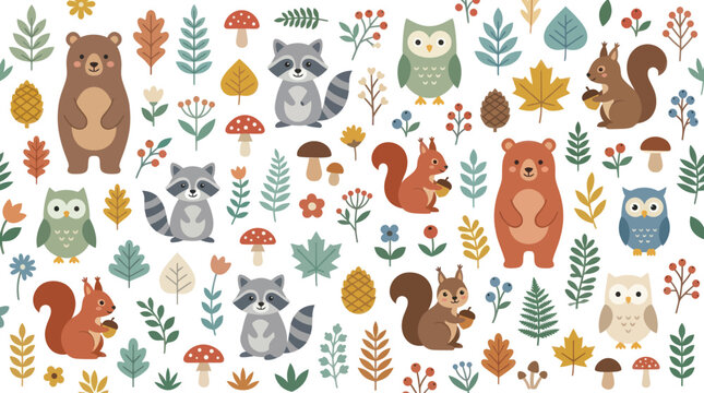 Seamless pattern with woodland animals and leaves.