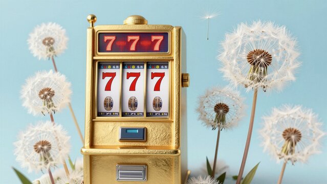 A golden slot machine displaying a winning seven-seven-seven combination is nestled among white fluffy dandelion seeds against a soft blue background, symbolizing luck and wishes.