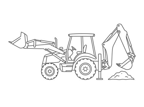 Heavy construction machine with loader and backhoe working