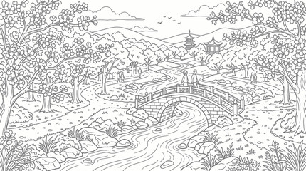 Fototapeta premium Scenic stone bridge over river line art.