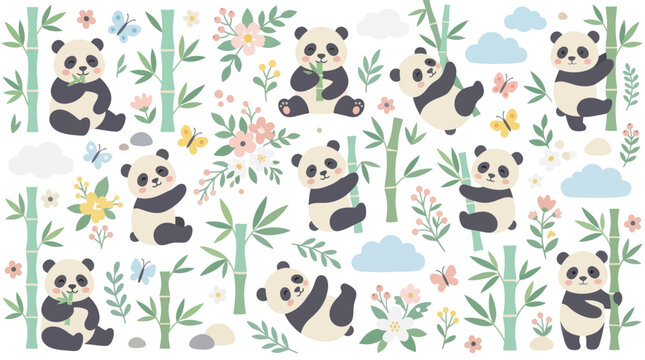 Seamless panda and bamboo pattern on white background