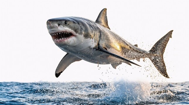 Great White Shark Mid Breach Water Droplets Frozen Motion Low Angle Backlit Golden Hour Isolated Cutout PNG