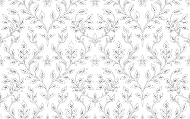 Fototapeta premium Delicate botanical vine pattern with symmetrical floral elements in black ink on white background