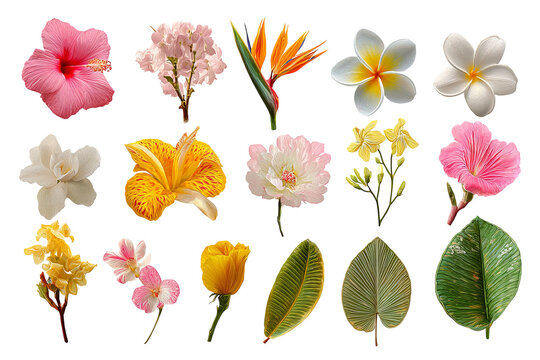 Tropical flower collection isolated on transparent background, colorful exotic botanical PNG cutout set