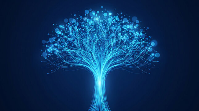 Digital tree made of glowing blue light particles and data lines representing network connectivity