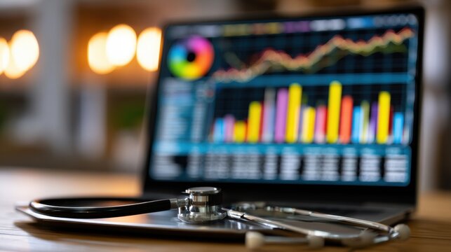 Close-up of medical stethoscope lying on wooden table with blurred laptop screen showing colorful statistical data and graph in modern office setting