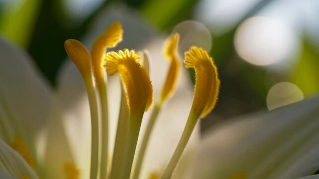 Close-up blooming flower stamens with warm backlight, subtle focus shift, frilled anthers, soft pollen detail, translucent filaments, delicate golden texture, natural garden glow