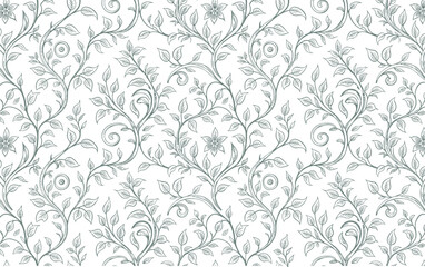 Fototapeta premium Delicate vine pattern with small flowers and swirling tendrils on a white background in a botanical illustration style